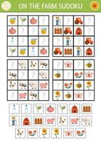 Vector farm sudoku puzzle for kids with pictures. Simple on the farm quiz with cut and glue elements. Education activity or coloring page with farmer, barn, tractor. Draw missing objects