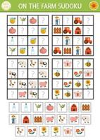 vector granja sudoku rompecabezas para niños con fotos. sencillo en el granja examen con cortar y pegamento elementos. educación actividad o colorante página con agricultor, granero, tractor. dibujar desaparecido objetos