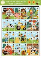 Farm dice board game for children with cute animals and kids farmers. Boardgame with country scenes and square fields.  Rural printable activity or worksheet. Who is the first to get to the farm house vector