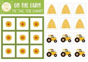 Vector on the farm tic tac toe chart with farmer on tractor and hay stack. Farm board game playing field with cute character. Funny rural village printable worksheet. Noughts and crosses grid