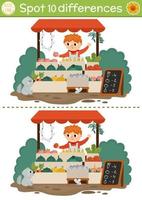 Find differences game for children with boy selling fruit and vegetables on market stall. On the farm educational activity with cute vendor. Farm puzzle for kids. Printable worksheet or page vector