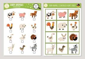 Vector farm animals scavenger hunt cards set. Seek and find game with cute goat, pig, horse, cow for kids. Rural countryside searching activity. Simple educational printable worksheet