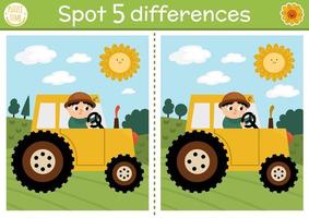 Find differences game for children. On the farm educational activity with cute farmer on tractor. Farm puzzle for kids with countryside landscape. Rural village printable worksheet or page vector