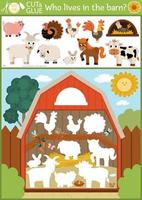 Vector on the farm cut and glue activity. Crafting game with cute farm animals and birds in the barn. Fun printable worksheet. Find right piece of the puzzle. Complete the picture. Who is missing game