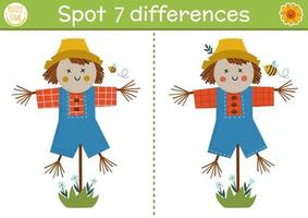 Find differences game for children. On the farm educational activity with cute scarecrow. Farm puzzle for kids with funny boy character. Rural village printable worksheet or page vector