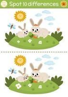 Find differences game for children. On the farm educational activity with cute rabbit and baby. Farm puzzle for kids with farm animals and rural landscape. Village printable worksheet or page vector