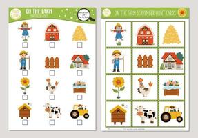 Vector on the farm scavenger hunt cards set. Seek and find game with cute barn, farmer, cow for kids. Rural countryside searching activity. Simple educational printable worksheet