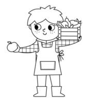 Vector black and white farmer standing with harvest in the wooden box. Cute kid doing agricultural work icon. Rural outline country character. Funny farm illustration or coloring page