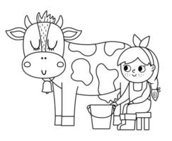 vector negro y blanco lechera icono. contorno granjero niña ordeño vaca. linda niño haciendo agrícola trabajar. rural país escena. niño con linda animal. gracioso granja ilustración con dibujos animados caracteres