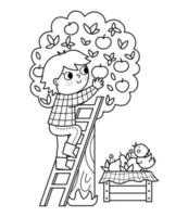 Vector black and white farmer gathering apples from the tree. Cute outline kid doing agricultural work icon. Child on the ladder picking apples. Funny farm illustration or coloring page