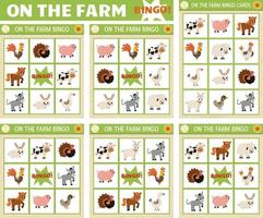 vector granja animales bingo tarjetas colocar. divertido familia loto tablero juego con linda cabra, cerdo, caballo, vaca para niños. rural campo lotería actividad. sencillo educativo imprimible hoja de cálculo.