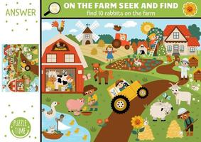 Vector farm searching game with rural village landscape and farmers. Spot hidden rabbits in the picture. Simple on the farm or Easter seek and find educational printable activity for kids with bunnies