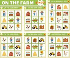 Vector on the farm bingo cards set. Fun family lotto board game with cute barn, farmer, cow, animals for kids. Rural countryside lottery activity. Simple educational printable worksheet.