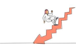 Single one line drawing of young Arabic businessman falling from stairs down to bankruptcy. Failure business strategy minimal concept. Modern continuous line draw design graphic vector illustration