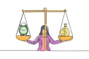 dibujo de línea continua única bolsa de dinero de peso de mujer de negocios joven y reloj analógico con escala. concepto de plazo de negocio de metáfora de minimalismo. Ilustración de vector de diseño gráfico de dibujo de una línea.