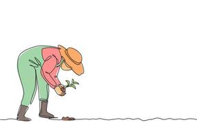 dibujo continuo de una línea joven agricultora plantando brotes de plantas en el suelo. iniciar el período de siembra. concepto minimalista de agricultura de éxito. Ilustración gráfica de vector de diseño de dibujo de una sola línea.