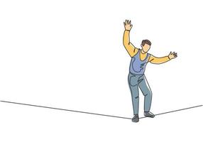 Continuous one line drawing a male acrobat walking on a rope while dancing and raising his hands. This attraction requires courage and agility. Single line draw design vector graphic illustration.