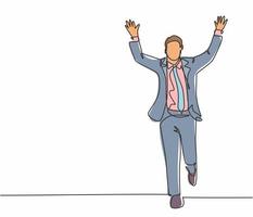 One continuous single line drawing of young happy businessman pointing his finger to the air after running cross the finish line. Business race concept single line draw design vector illustration