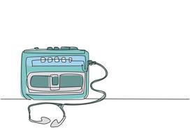 One single line drawing of retro old classic portable radio tape with earphone. Vintage mobile cassette player item concept continuous line draw design graphic vector illustration