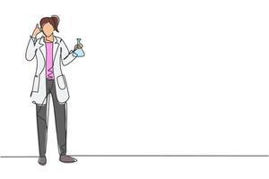 Continuous one line drawing female scientist stands with call me gesture and holding measuring tube filled with chemical liquid. Success business. Single line draw design vector graphic illustration
