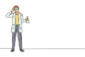 Single continuous line drawing scientist stands with call me gesture and holding measuring tube filled with chemical liquid. Success business. Dynamic one line draw graphic design vector illustration