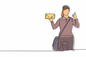 Continuous one line drawing postwoman wearing a hat and uniform with a thumbs-up gesture holds the envelope to work for delivery to homes. Single line draw design vector graphic illustration