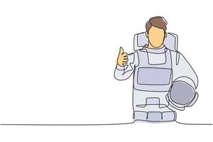 Continuous one line drawing astronauts with a thumbs-up gesture wearing spacesuits to explore outer space in search of the mysteries of universe. Single line draw design vector graphic illustration.