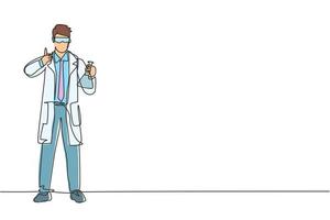 Single continuous line drawing the scientist stands with a thumbs-up gesture and holding a measuring tube filled with a chemical liquid. Dynamic one line draw graphic design vector illustration.
