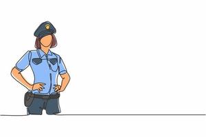 Single continuous line drawing of young beautiful police woman on uniform holding hands on hip. Professional work job occupation. Minimalism concept one line draw graphic design vector illustration