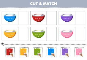 Education game for children cut and match the same color of cute cartoon bowl picture printable tool worksheet vector