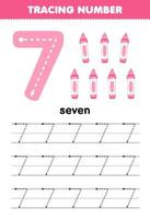 Education game for children tracing number seven with pink crayon picture printable tool worksheet vector