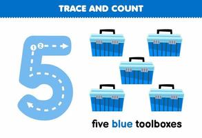 Education game for children tracing number five and counting of cute cartoon blue toolboxes printable tool worksheet vector