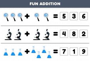 educación juego para niños divertido adición por adivinar el correcto número de linda dibujos animados lupa microscopio cubilete imagen imprimible herramienta hoja de cálculo vector