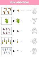 Education game for children fun counting and add one more cartoon drill glove pliers screwdriver screw then choose the correct number tool worksheet vector