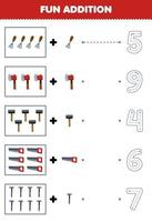 Education game for children fun counting and add one more cartoon chisel axe hammer saw nail then choose the correct number tool worksheet vector