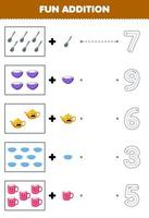 Education game for children fun counting and add one more cartoon spoon bowl teapot plate mug then choose the correct number tool worksheet vector