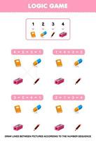Education game for children draw lines according to the number sequences of cute cartoon book eraser pencil sharpener pictures printable tool worksheet vector
