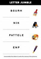 Education game for children letter jumble write the correct name for cute cartoon brush ink palette pen printable tool worksheet vector