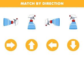 Education game for children match by direction left right up or down orientation of cute cartoon sprayer printable tool worksheet vector