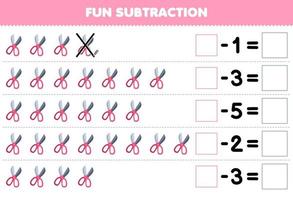 Education game for children fun subtraction by counting cute cartoon scissor in each row and eliminating it printable tool worksheet vector