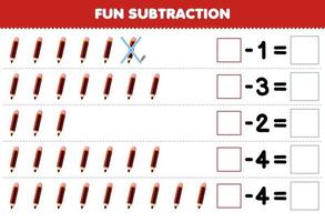 Education game for children fun subtraction by counting cute cartoon pencil in each row and eliminating it printable tool worksheet vector