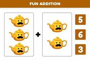 Education game for children fun addition by count and choose the correct answer of cute cartoon teapot printable tool worksheet vector