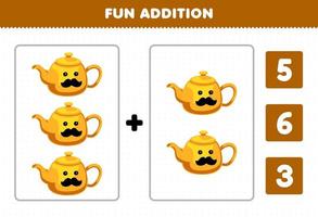 educación juego para niños divertido adición por contar y escoger el correcto responder de linda dibujos animados tetera imprimible herramienta hoja de cálculo vector