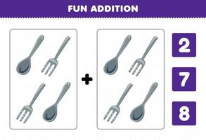 Education game for children fun addition by count and choose the correct answer of cute cartoon spoon and fork printable tool worksheet vector