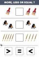 Education game for children count more less or equal of cartoon brush and ink then cut and glue the correct sign tool worksheet vector