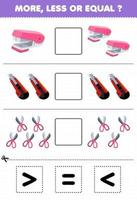 Education game for children count more less or equal of cartoon stapler cutter scissor then cut and glue the correct sign tool worksheet vector