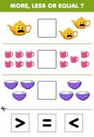 Education game for children count more less or equal of cartoon teapot mug bowl then cut and glue the correct sign tool worksheet vector