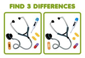Education game for children find three differences between two cute cartoon stethoscope thermometer and medicine picture printable tool worksheet vector