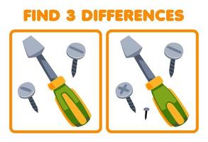 Education game for children find three differences between two cute cartoon screw and screwdriver picture printable tool worksheet vector