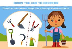 educación juego para niños ayuda granjero dibujar el líneas a separar el jardinería equipo imprimible herramienta hoja de cálculo vector